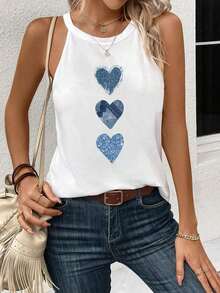 Camiseta de tirantes con cuello halter y estampado floral casual, ajuste ceñido para mujer, adecuada para el verano y el regreso a la escuela - Blanco - Ver 4