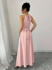 YHHElenzga Vestido largo de verano con estampado floral, cuello halter, hombros descubiertos, diseño fruncido y retorcido, y corte asimétrico en bloque de colorYHH - Rosa Pálido - Ver 2
