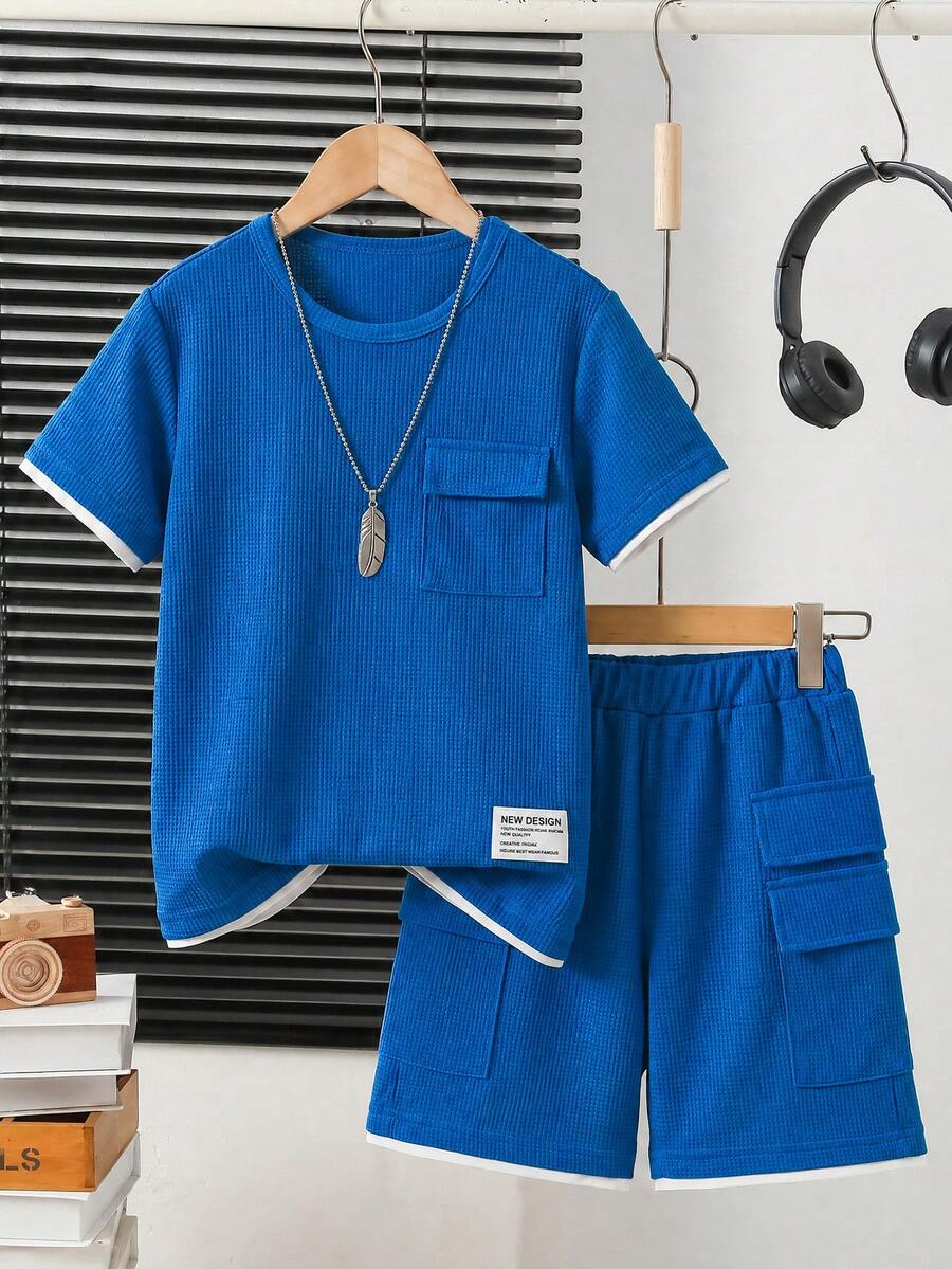 2pcs/Set Boys' Casual Waffle Crew Neck Short Sleeve T-Shirt + Leisure Cargo Shorts, Comfortable & Fashionable Summer Outfit - Royal Blue - View 1