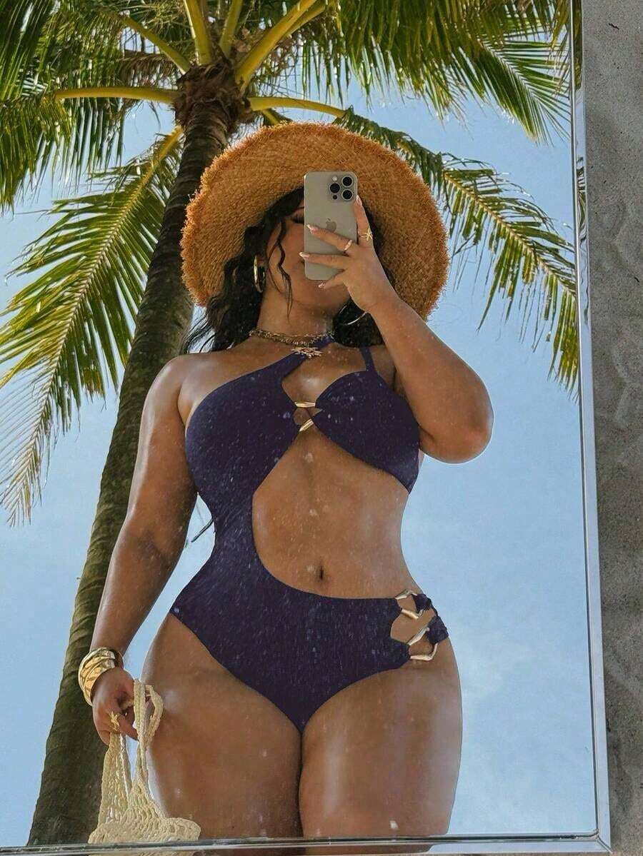 Traje de baño de una pieza de punto marrón sólido talla grande para mujer, diseño casual con cuello oblicuo y tirantes, adecuado para vacaciones - Azul marino - Ver 1