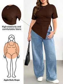 Camiseta negra básica de manga corta para mujer talla grande, con cintura fruncida, bajo irregular y versátil, cómoda y elástica, para uso diario y casual en primavera/verano - Marrón - Ver 10