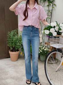 de manga corta con cuello de solapa bordada con lazo, para primavera y verano - Rosa vieja - Ver 3