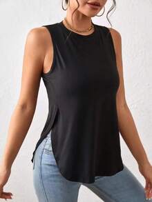 1 pieza Camiseta casual de mujer de cuello redondo y bajo con abertura lateral de un solo color - Negro 2 - Ver 1