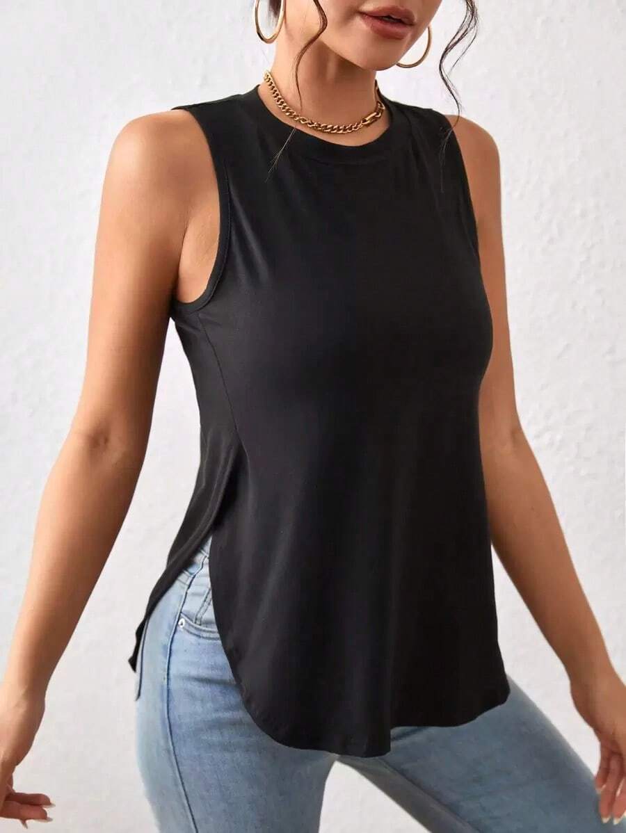 1 pieza Camiseta casual de mujer de cuello redondo y bajo con abertura lateral de un solo color - Negro 2 - Ver 1