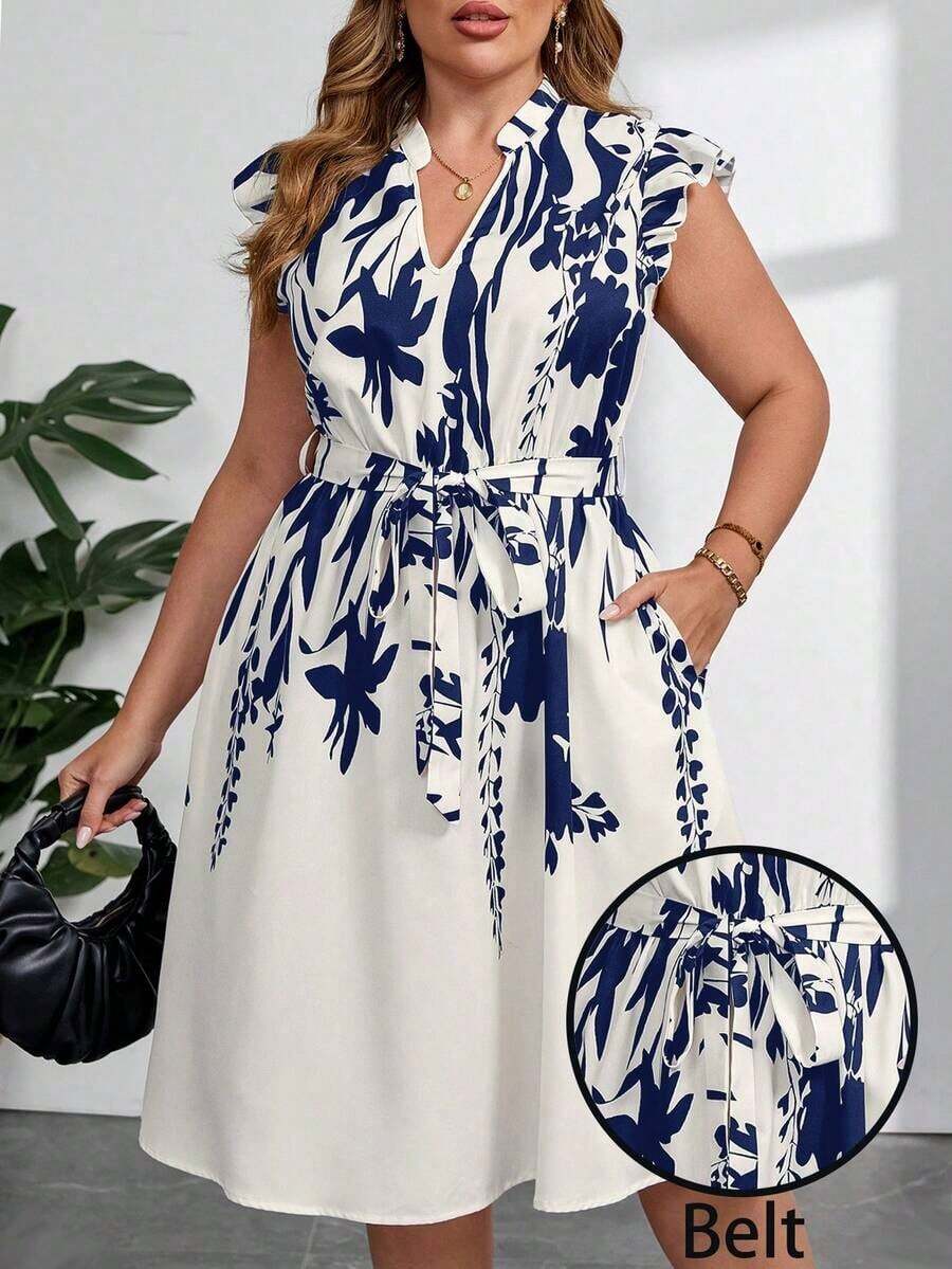 Vestido con estampado gráfico, cuello con muesca, volantes, cinturón, lunares, vestidos para mujer, vestidos casuales de primavera, vestidos de picnic, vestidos de verano, vestidos de primavera, vestidos de festival, vestidos de Pascua, vestid - Azul marino - Ver 1