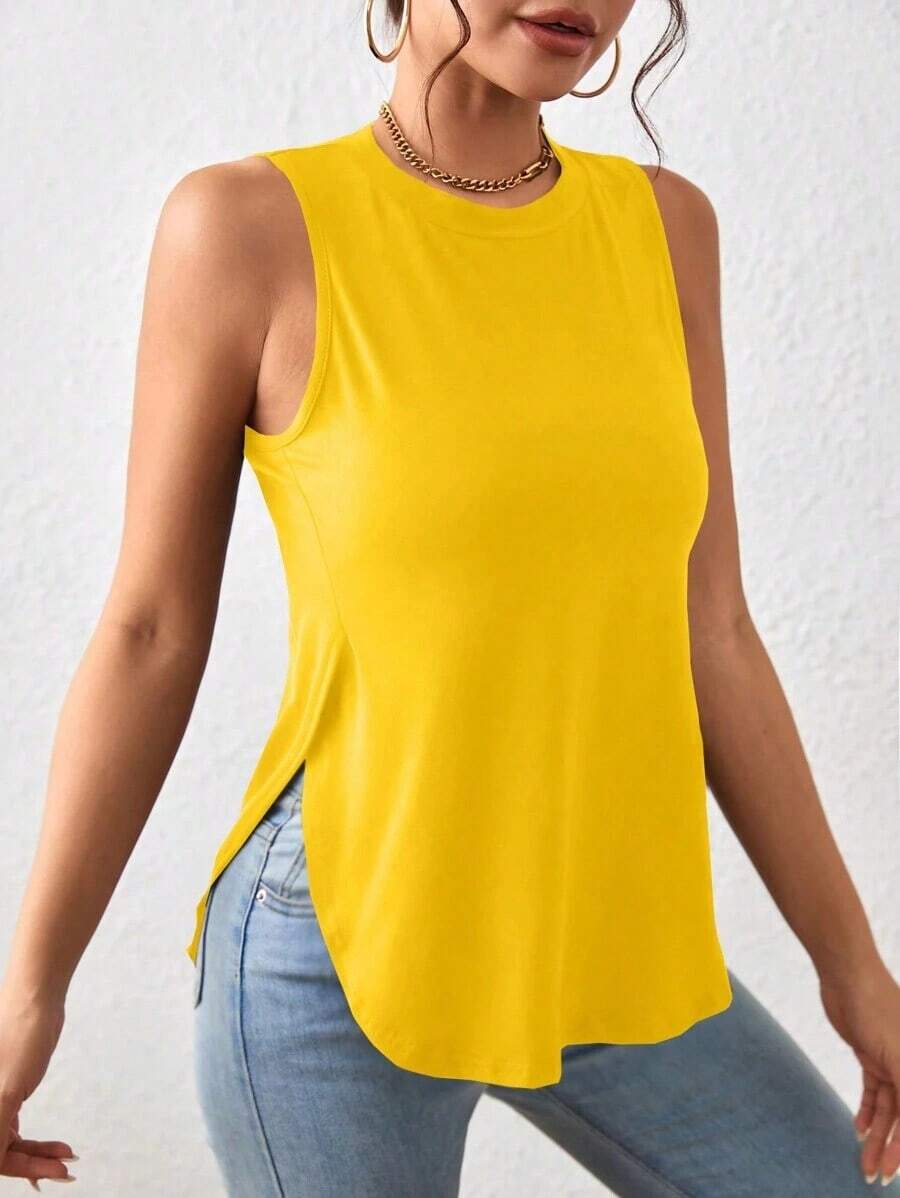 1 pieza Camiseta casual de mujer de cuello redondo y bajo con abertura lateral de un solo color - Amarillo - Ver 1