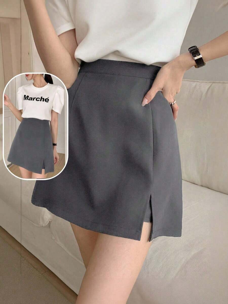 Falda-pantalón Sólido Con Raja En El Dobladillo - Gris - Ver 1