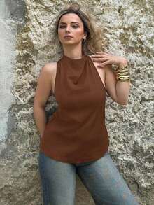 Blusa negra ajustada de estilo casual y elegante para la temporada de primavera/verano, con cuello asimétrico, sin mangas, escote halter, espalda descubierta y decoración de lazo - Café integral - Ver 5