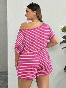 Rompers para mujeres de talla grande, mono informal de rayas, vestidos de verano para mujer, traje de una pieza, mono corto, para dama - Rosa Fucsia - Ver 3