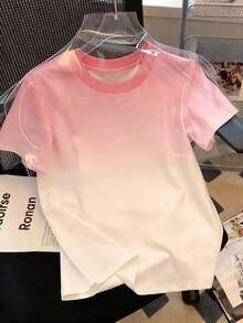 Camiseta de mujer de manga corta con cuello redondo y bloque de color, casual de verano - Multicolor - Ver 1
