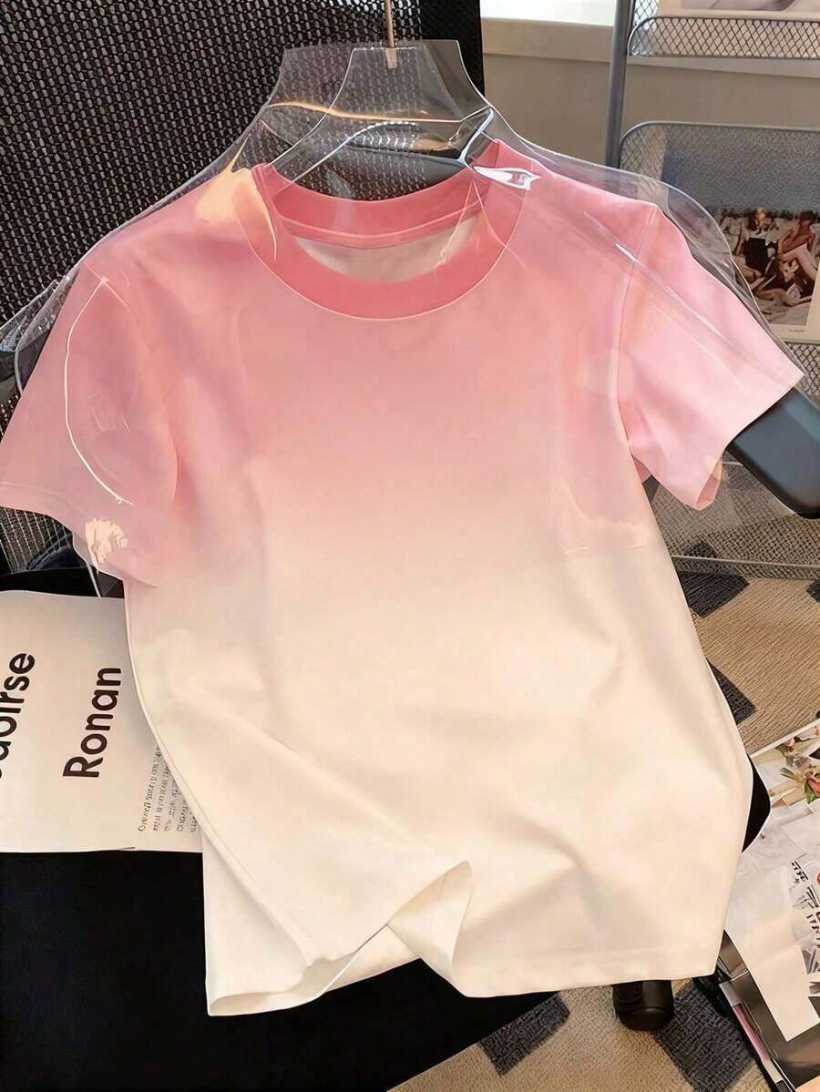 Camiseta de mujer de manga corta con cuello redondo y bloque de color, casual de verano - Multicolor - Ver 1