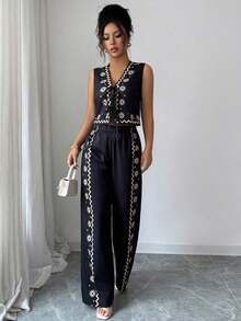 Set de 2 piezas de top de tirantes y pantalones con estampado floral, conjunto de vestir elegante de verano - Negro - Ver 4