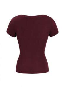 Camiseta de manga corta ajustada con estampado de letras estilo Y2K para mujer, casual para primavera/verano - Rojo - Ver 4