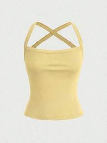 deportivo casual de unicolor, sexy, con espalda descubierta y tirantes cruzados, adecuado para el verano - Amarillo - Ver 5