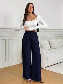 Tall Pantalones anchos de cintura alta de unicolor y versátiles, pantalones de cintura alta de estilo casual de otoño e invierno, pantalones negros de mujer, pantalones negros de vestir de pierna ancha, pantalones negros casuales, pantalones de esti - Azul marino - Ver 6