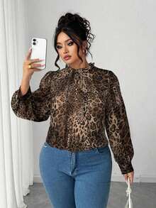 Blusa elegante de talla grande para mujer 2025 con encaje jacquard, parches y mangas con volantes, cintura ceñida y silueta evasé, adecuada para volver al colegio, graduación, vacaciones, San Valentín, festivales de música, Día de la Madre, Hallow - Marrón - Ver 4