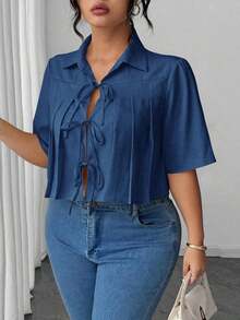 Blusa elegante corta con pliegues y lazo delantero para mujer - Azul 3 - Ver 5
