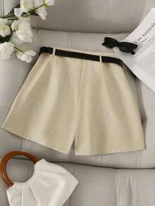 Pantalones con falda asimétrica de moda casual para ir al trabajo, pantalones cortos multifuncionales para mujer sin cinturón, pantalones con falda asimétrica a juego sin cinturón, falda asimétrica, falda con dobladillo asimétrico, falda pantalón - Caqui - Ver 2