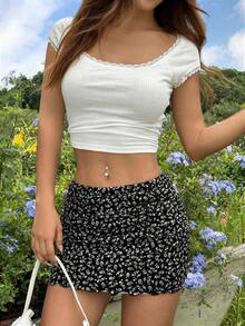 Falda de malla tejida con estampado floral en negro para mujer - Blanco y Negro - Ver 4