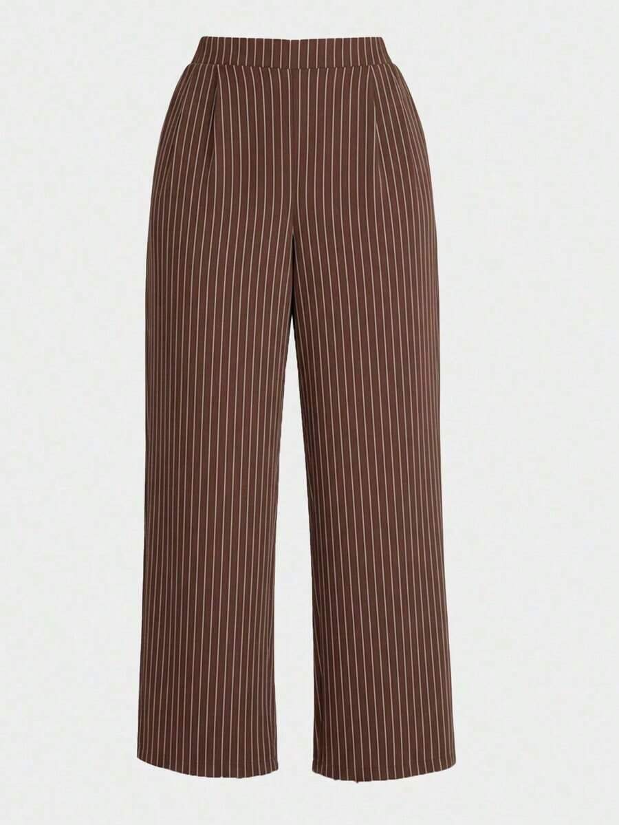 Pantalones anchos de pierna ancha a rayas blancas y negras con cintura elástica, cómodos y sueltos, de estilo básico diario, para mujeres de talla grande, estilo "Old Money", para mujeres, para la oficina, pantalones holgados, para el verano, - Marrón - Ver 1