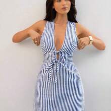 Striped Tank Mini Dress For Women With Deep V Neck And Pencil Hem Design, Summer,Summer Dresses For Women,Vacation Outfits Woman,Beach Outfits For Woman,Going Out Tops Women,Office Outfits For Women,Casual Dresses For Woman,Sexy Outfits For Women Lace Up Dress Tie Front Dress Blue And White Striped Dress - Azul y blanco - Ver 2