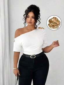 Blusa de talla grande para mujer elegante, personalizada, de moda, versátil, con un solo hombro, adecuada para uso diario - Blanco - Ver 9