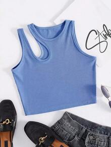 Top Sin Mangas De Punto Acanalado Con Hombro Cortado Sólido Para Verano - Azul - Ver 1
