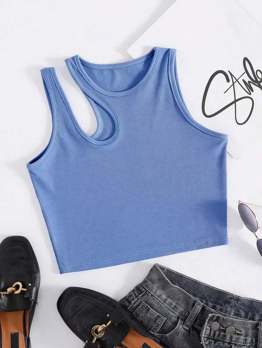 Top Sin Mangas De Punto Acanalado Con Hombro Cortado Sólido Para Verano - Azul - Ver 1