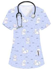 Blusa de cuello en V azul de manga corta con doble bolsillo, estampado de patrones de dibujos animados lindos, uniforme de trabajo para enfermera/médico, ropa de trabajo de unicolor para peluquería de mascotas, bata de laboratorio de nutricionist - Morado - Ver 6