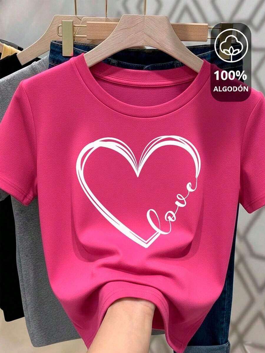 Women's Casual T-Shirt With Artistic Heart Print For Valentine's Day, New Year's Clothing, Graphic Tees For Women - 玫紅色 - 查看 1