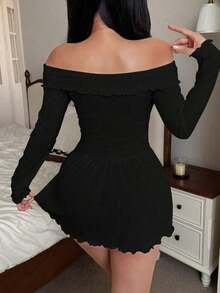 Vestido casual de punto acanalado con hombros descubiertos para mujer, atuendo acogedor, otoño e invierno - Negro - Ver 2