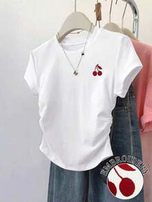 Camiseta de manga corta plisada de ajuste delgado y versátil para mujer, adecuada para el verano - Blanco 2 - Ver 1