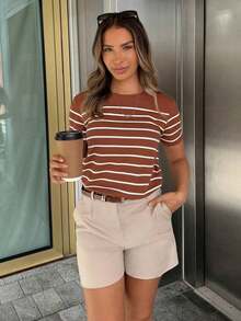 Camiseta casual versátil de rayas con gráficos para mujeres - Marrón - Ver 6