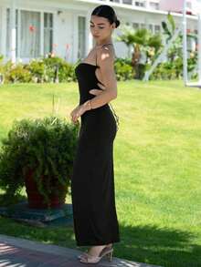 Vestido de verano con tirantes finos, con nudo delantero y espalda descubierta, de unicolor y minimalista para mujer - Negro - Ver 4