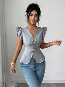 Flora Isola Cárdigan elegante de mujer con cuello en V y decoración de hebilla metálica, cintura ajustada y mangas con volantes, blusa refinada para damas - Gris - Ver 5