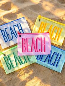 多色防水時尚網格沙灘包,印有彩色「Beach」文字的化妝包,沙灘主題。大容量透明化妝包配尼龍拉鍊盥洗包-輕量,可存放文件、文具、防曬乳、零食、比基尼和沙灘必需品。春夏收納,耐用,非常適合游泳、沙灘、潛水和夏季假期,也適合學生返校使用。 - 彩色 - 查看 10