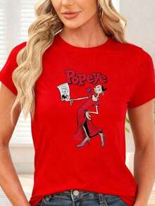 Loose1pcT-Shirt With A Print Of A Female Character In A Red Dress, Ideal For Casual Wear And Themed Events, Comfortable And Lightweight For Everyday Use. Basic Crew Neck Cotton T-Shirt For Women - 黑色 - 查看 7