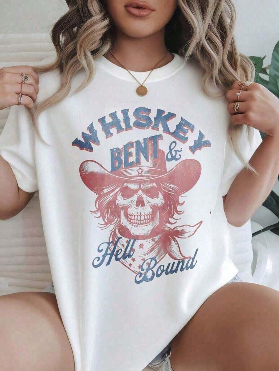 Camiseta Holgada Sencilla Mujer Estilo Moderno Ropa de Mujer, Sombrero de Vaquero con Diseño de Calavera Whiskey Bent And Bound, Camiseta Casual Estampada de Moda para Mujer, Adecuada para Todas las Temporadas, Camisa de Mujer Camiseta Mujer Estampado Gráfico Verano 2026 - Blanco - Ver 1