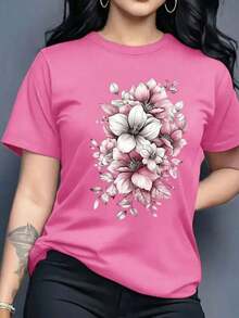 Free Shipping, Local Delivery In Mexico, Delivery In 4 Days. Women's Graphic T-Shirt, Short Sleeve, Crew Neck, Basic, Comfortable, Cool, Lightweight, Modern, Youthful, Feminine, Floral Print, Lily, Leaves, 3D. - 紫紅色 - 查看 1