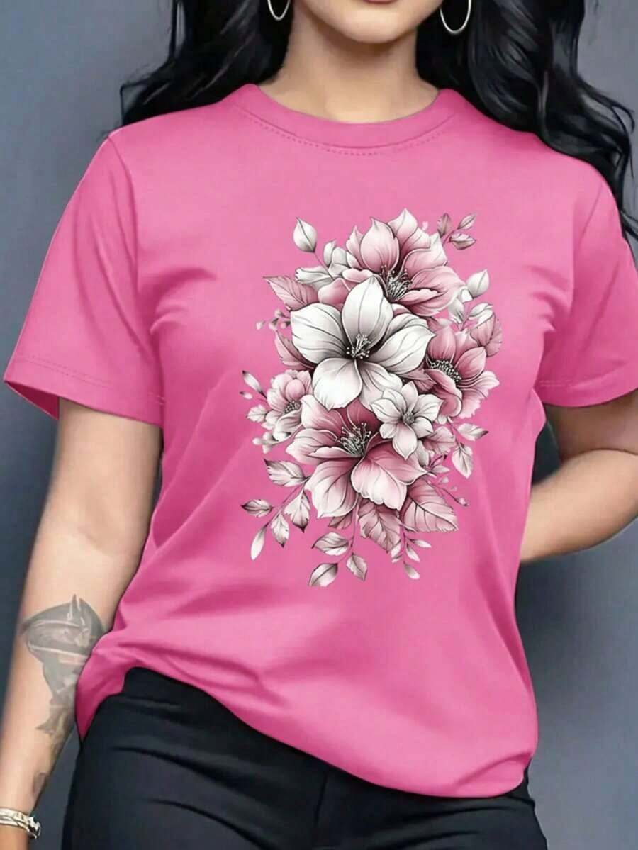 Free Shipping, Local Delivery In Mexico, Delivery In 4 Days. Women's Graphic T-Shirt, Short Sleeve, Crew Neck, Basic, Comfortable, Cool, Lightweight, Modern, Youthful, Feminine, Floral Print, Lily, Leaves, 3D. - 紫紅色 - 查看 1