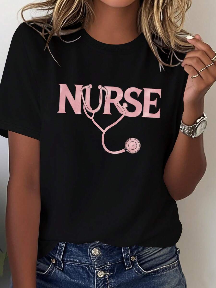 Women's Nurse Stethoscope T-Shirt, Comfortable Fit - Hitam - View 1