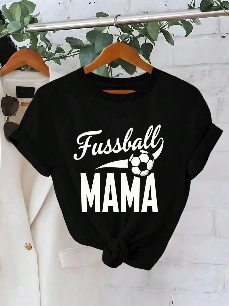 Funny T-Shirt For German Football Fan Moms - "Fussball Mama" Slogan, Comfortable And Casual Fit With Round Neck For Football Matches And Casual Wear - Gift For Football Fan Moms - 黑色 - 查看 1