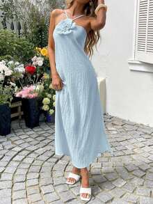 YHHSylviya Vestido maxi con abertura y estampado floral 3D en escote halter, vestido de verano de color amarillo mantequilla para mujer, atuendos de verano, atuendos de vacaciones, atuendos de playa, vestidos de graduación, ropa de verano, vestidos de vacaciones, vestidos de playa, ropa de vacaciones, estilo bohemio, atuendos para salir, vacacionesYHH - Azul - Ver 6