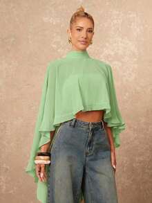 Nueva llegada Blusa elegante de mujer de alta gama con cuello suelto, bajo asimétrico con volantes, parte delantera corta y parte trasera larga - Verde - Ver 8