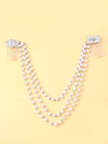 1 chiếc dây cài tóc ngọc trai nhiều lớp mới, phụ kiện đội đầu cô dâu phong cách retro tối giản, lược cài tóc đính đá thời trang. - Bạc - Xem 2