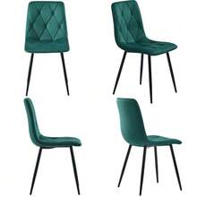 Dining Table And Chair Set (5 Pieces), Modern, Simple, Round, Marble, With Black Metal Table Legs + 4 Ergonomic Green Suede Chairs. - Multicolor - View 6