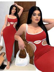 YHHSHEIN  Vestido largo de verano para mujer de ajuste ceñido con recortes de color contrastante y diseño caladoYHH - Rojo - Ver 12