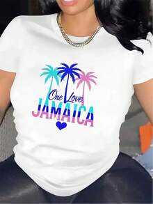 Camiseta de mujer con estampado de Jamaica, camiseta de manga corta |   Ideal para fiestas en la playa, ligero y duradero, perfecto para uso casual en restaurantes o salas de estar, ajuste cómodo, adecuado para uso diario, cuello redondo, tela de elasticidad media. - Blanco - Ver 1