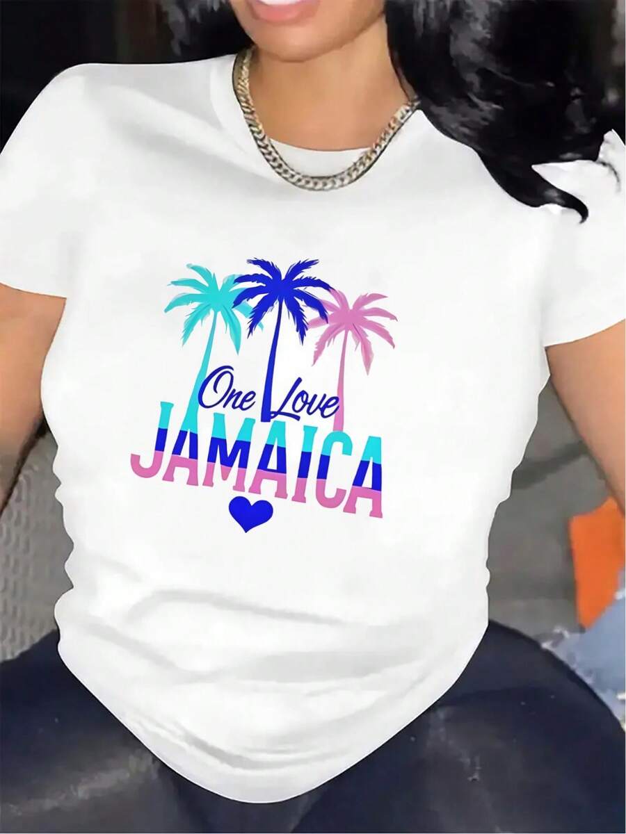 Camiseta de mujer con estampado de Jamaica, camiseta de manga corta | Ideal para fiestas en la playa, ligero y duradero, perfecto para uso casual en restaurantes o salas de estar, ajuste cómodo, adecuado para uso diario, cuello redondo, tela de elasticidad media. - Blanco - Ver 1