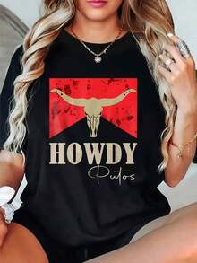 Camisetas de Algodón con Cuello Redondo y Estampado Gráfico para Mujer, Diseño de Calavera de Vaca sobre Fondo Rojo, Camisetas Casuales de Manga Corta, Unisex, Moda Primavera-Verano, Camisetas de Mujer. - Negro - Ver 8